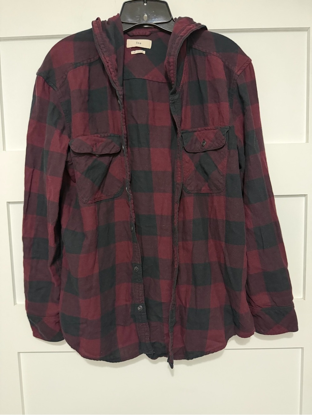 TNA by Aritzia Women's Plaid Hooded Flannel Boyfriend Fit Shirt M 8263 - Picture 4 of 9